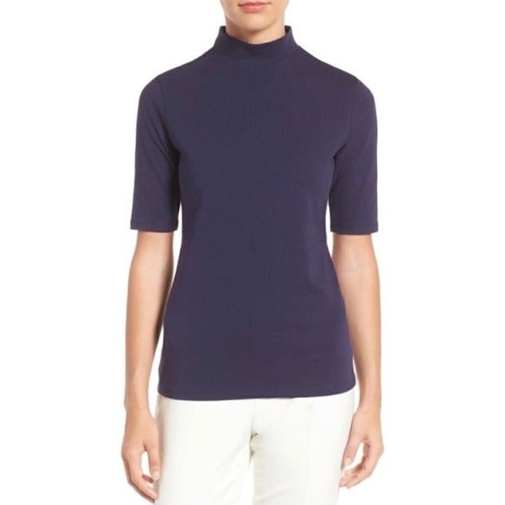 Nordstrom Halogen Navy Blue Mock High Neck Short Sleeve Top XS